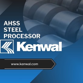 Circular graphic showcasing high strength steel coils in the upper right corner, with the words “AHSS STEEL PROCESSOR” in white font, Kenwal Steel’s official logo & website address on the left: www.kenwal.com