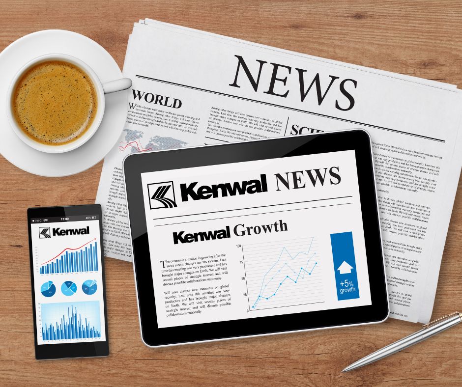 newsroom Kenwal Steel company news displayed on tablet and smartphone with coffee cup and printed newspaper, highlighting growth charts and business updates.