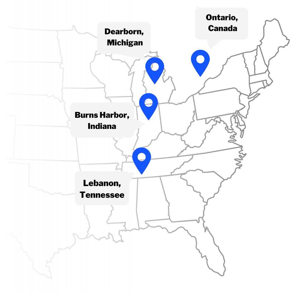 steel-facility-locations-map Map of the United States and Canada showing four steel facility locations: Dearborn, Michigan; Burns Harbor, Indiana; Lebanon, Tennessee; and Ontario, Canada.